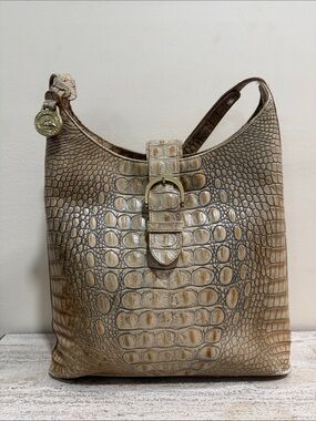 Brahmin Melbourne Collection Croc-Embossed Leather Shoulder Bag Beige and Brown